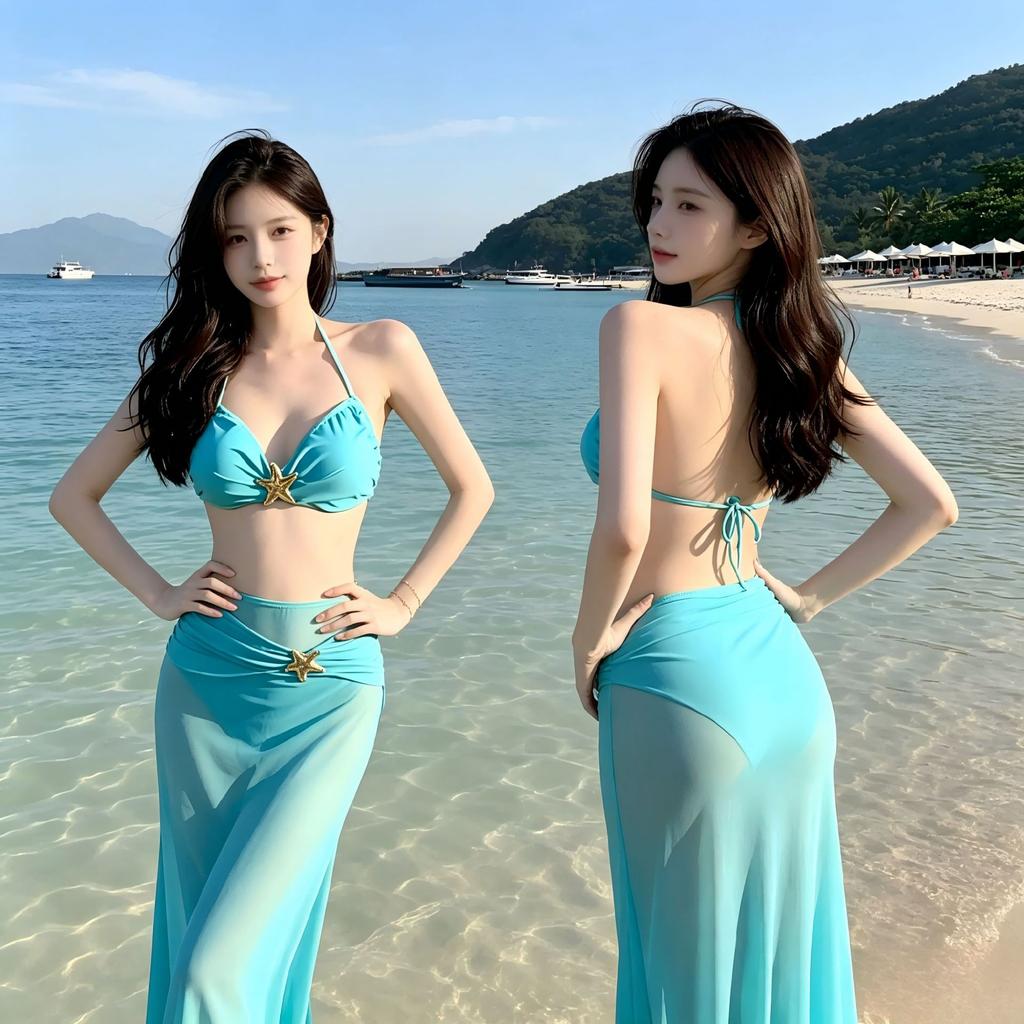 Beautiful temperament Muse bikini swimsuit women's three-piece long gauze skirt starfish tube top neck sling seaside swimming skirt