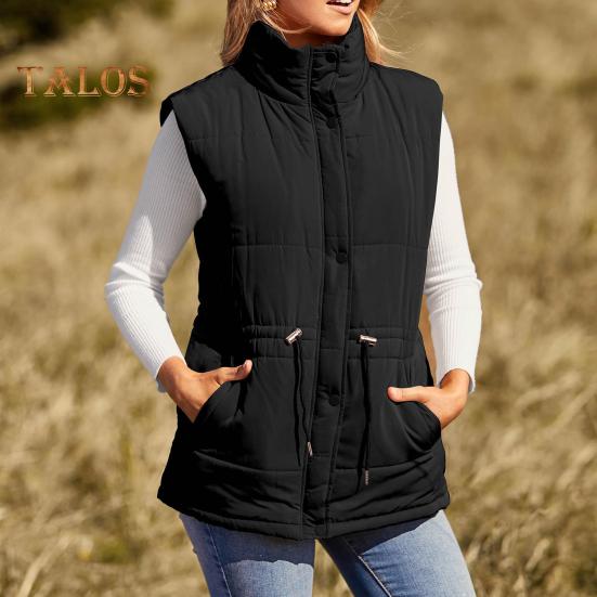 Winter Women Vest Coat Thickened Padded Button Closure Stand Up Collar Sleeveless Solid Color Drawstring Tight Waist Windproof Heat Retention Outdoor