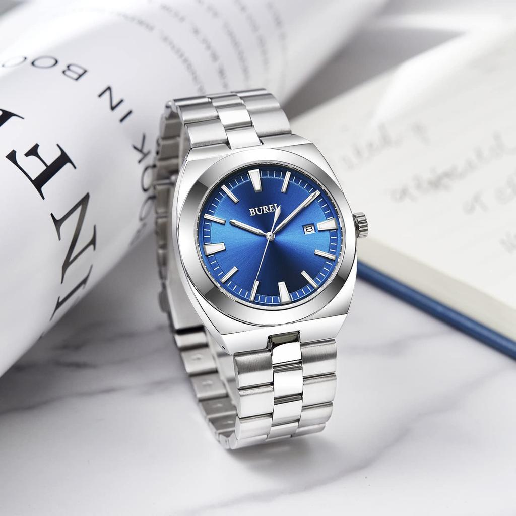 BUREI Analog Quartz Large Date Silver Watch for Gift Men's Watch, Simple, Waterproof, Silver, Dial, Display, Popular, Stylish, Gentleman's, Business,