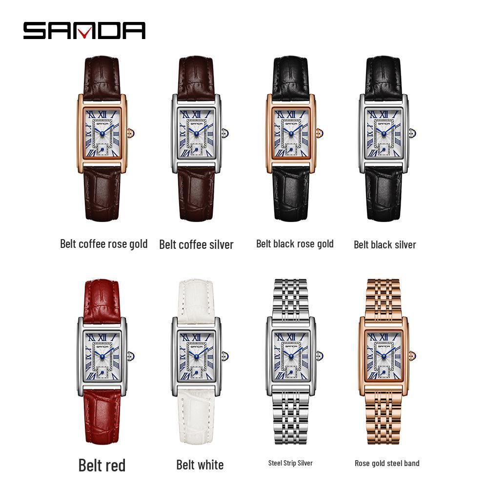 Стильные квадратные часы Sanda из стали и кожи, кварцевые, с римскими цифрами, водонепроницаемый дизайн для женщин