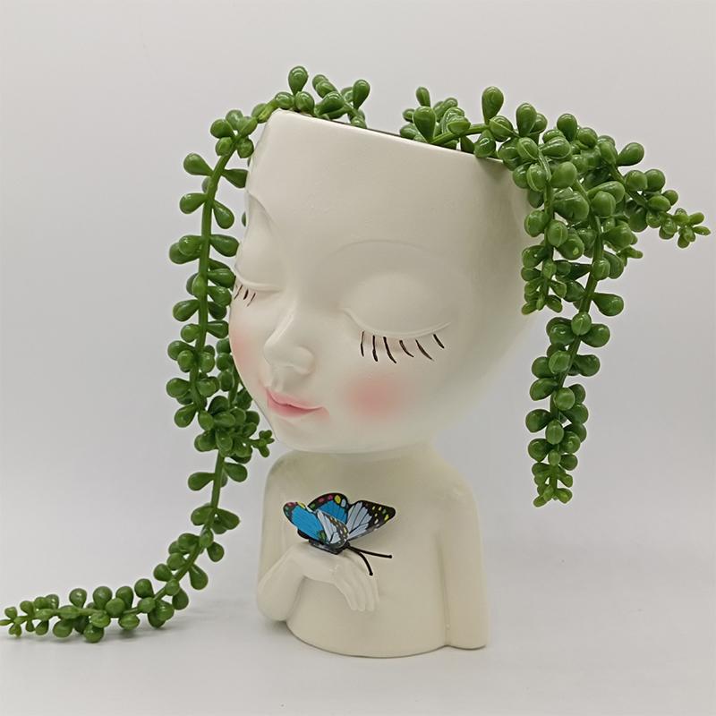 Горшок для цветов в виде лица девочки-бабочки, кашпо для суккулентов с дренажным отверстием, милые горшки для цветов в виде женского лица, смоляные настольные украшения