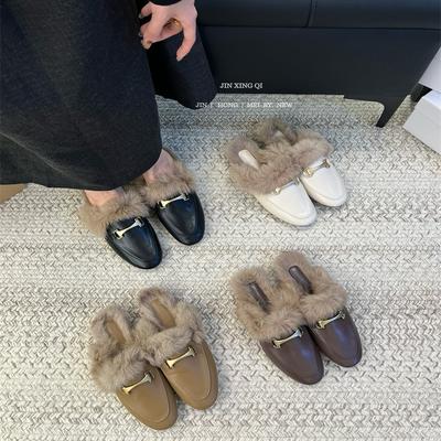 Кроличий мех Мюли на плоской подошве пушистые тапочки для осени и зимы верхняя одежда пряжка один педаль плюшевые ленивые полушлепанцы