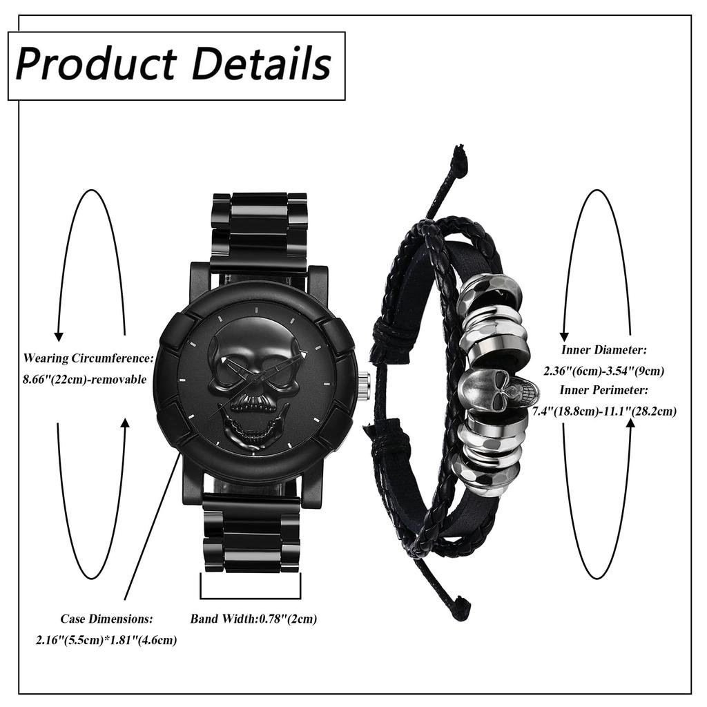 Skeleton Watch Bracelet Set of Rock Punk Leather Strap Stainless Steel Watch Waterproof Analog Quartz Skull Gothic Accessory Birthday Christmas Day