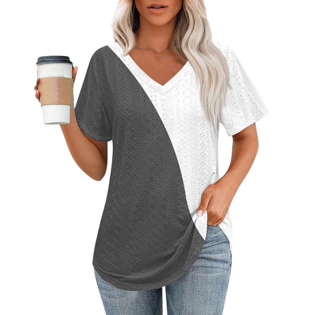 Womens T Shirts V Neck Short Sleeve Casual Tops Loose Fit Basic Tees With Curved Hem
