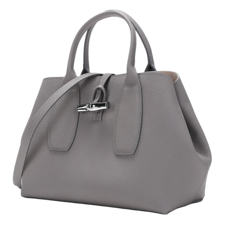 Longchamp Le Roseau 30 Однотонная Бамбуковая Пряжка Кожаная Сумка-Кроссбоди Тоут Средняя Женская Сумка Цвет Голубиный Серый 10058HPNP55