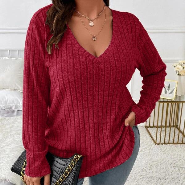 GMXIA Осень-зима, однотонный женский топ больших размеров с v-образным вырезом и длинными рукавами, шерстяная футболка в полоску, свободный чехол