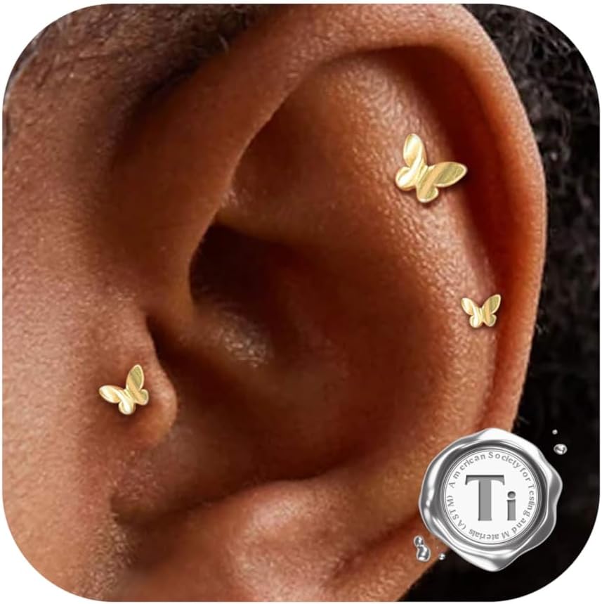 Bobisty 3PCS 16G Helix Piercing Jewellery G23 Titanium Cartilage Earrings Labret for Lip Nose CZ Heart Flat Back 3 Single Studs