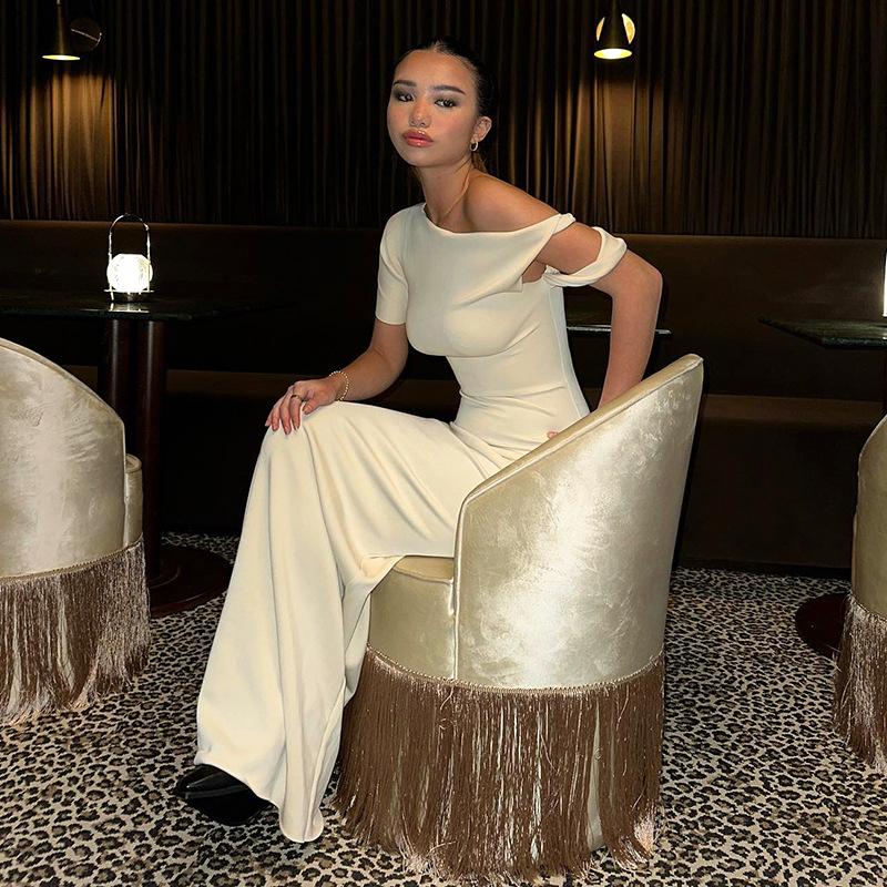 YYFS Women's Fashion Summer Spring Solid Color Print Short Sleeve Oblique Collar High Waist Casual Dresses