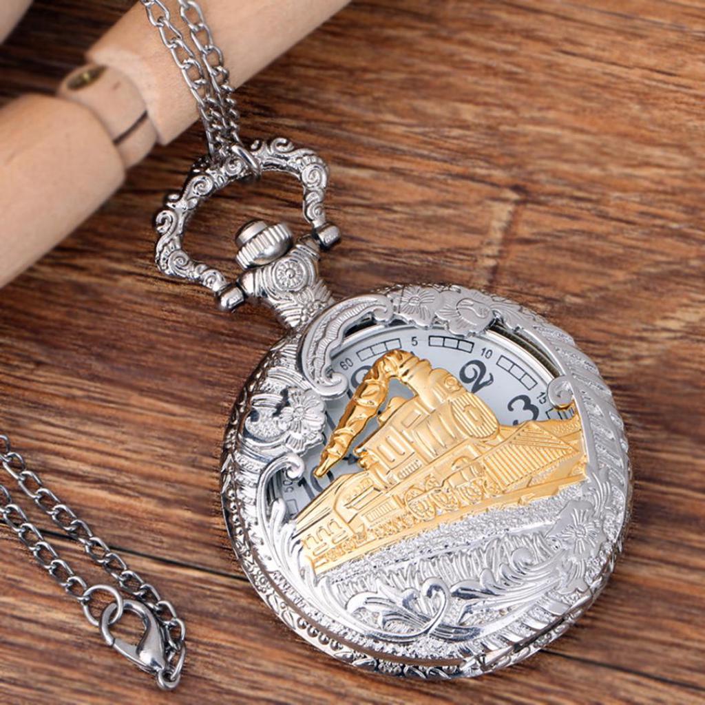Vintage Steam Train Antique Chain Quartz Locomotive Pendant Pocket Watch Gift