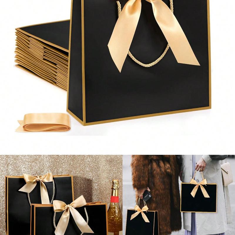 Landscape-Style Kraft Paper Gift Bags, Shopping Bags, Packaging Bags with Handles, Bow-Decorated Handbags, Trick or Treat, Halloween, White