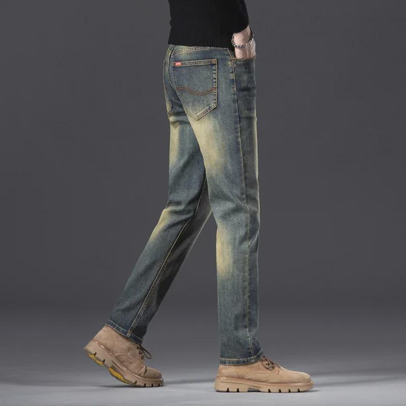 2023 Мужские модные эластичные джинсы с потертостями — повседневные брюки облегающего кроя на осень/зиму