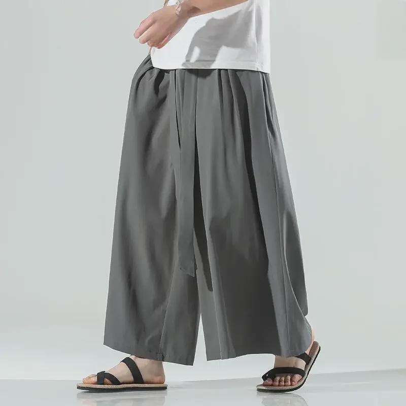 Men's Chinese Retro Tang Suit Ice Silk Wide-Leg Casual Trousers