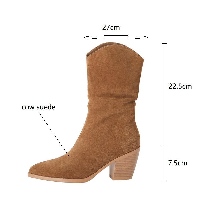 Мода 2025 Осень Замшевые женские ботинки с острым носком на массивном каблуке Зимние ботинки до середины икры На высоком каблуке Zapatos Mujer