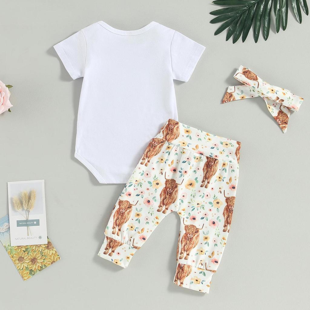 Newborn Baby Boy Girl Clothes Cow Print Romper Bodysuit and Pants with Hat/Headband 3Pcs Western Coming Home Outfits