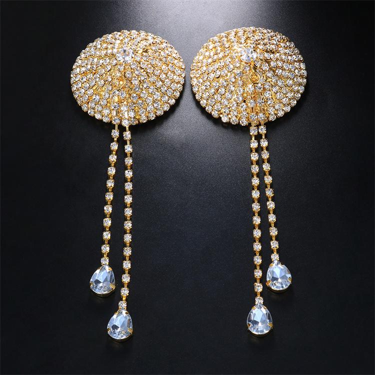 Full Diamond Nipple Pasties Crystal Rhinestone Nipple Cover Ladies Sexy Adhesive Round Shape Nipple Cover with Long Chain Tassel