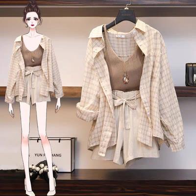 Женский летний офисный повседневный костюм, жилет + клетчатая рубашка + шорты, комплект из двух предметов