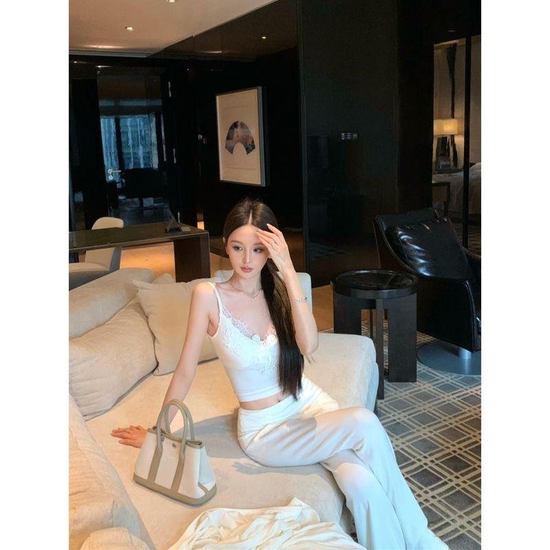 Kumikumi Pure Desire Style White Long Sleeve Cardigan Inner Wear Cami Women Autumn Slimming Wide Leg Pants Three-Piece Suit