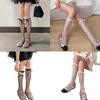 Japanese Lace Up Ribbon Bowknot Over Calf Socks for Women Gothic Hollow Out Sheer Fishnet Mesh Ultrathin Long Stockings