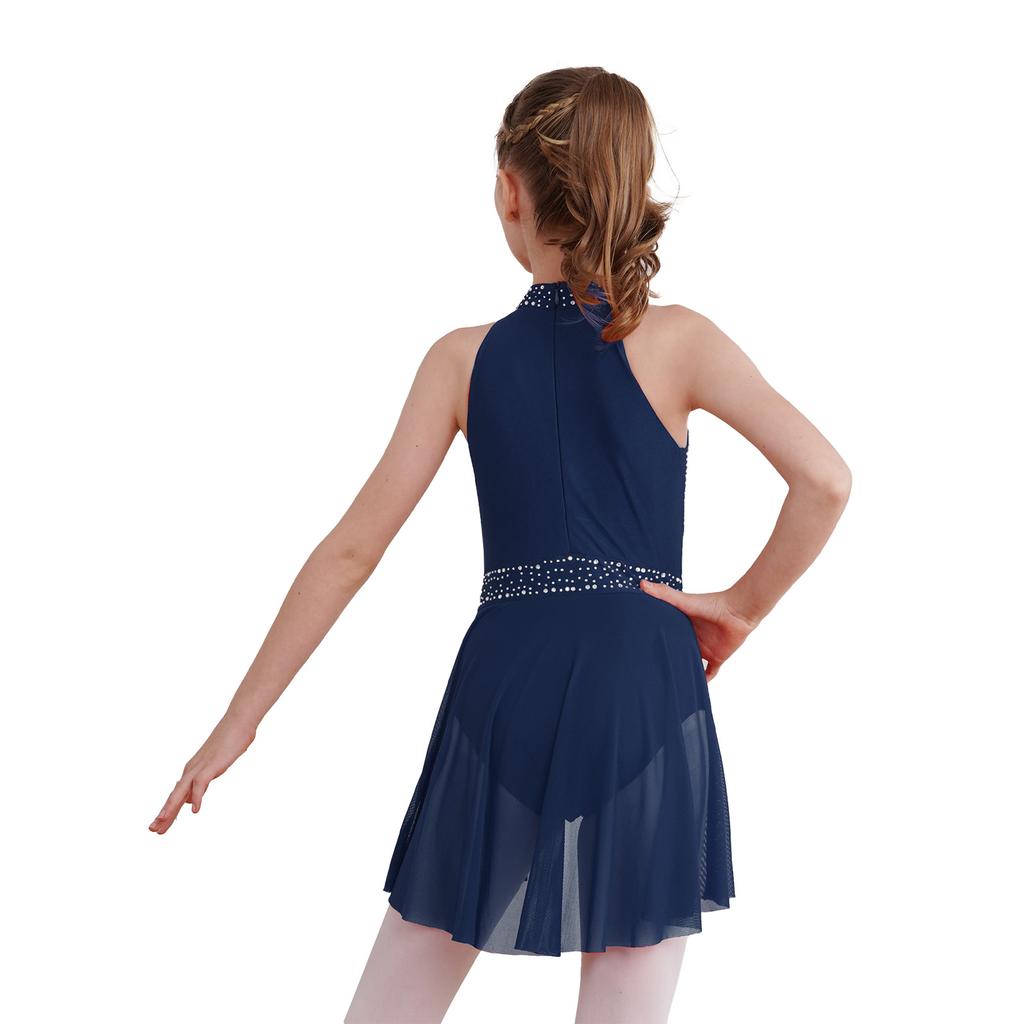 Girls Glittery Lyrical Dance Dress - Rhinestone Decor & Irregular Hem for Stage Performances