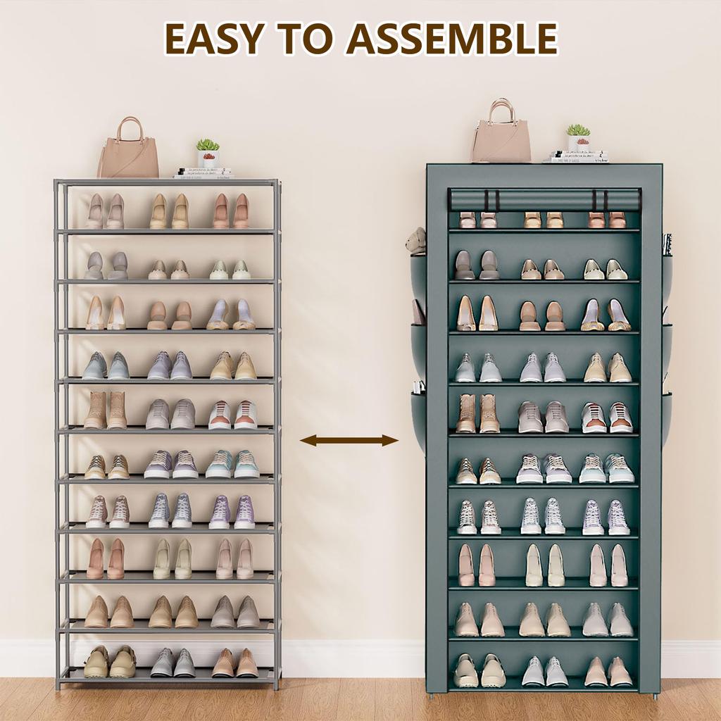 10 Tier Shoe Rack Organizer Dustproof Fabric Holds 30 To 40 Pairs Shoes Space Saving Free Standing Tall Shoe Storage Shelf