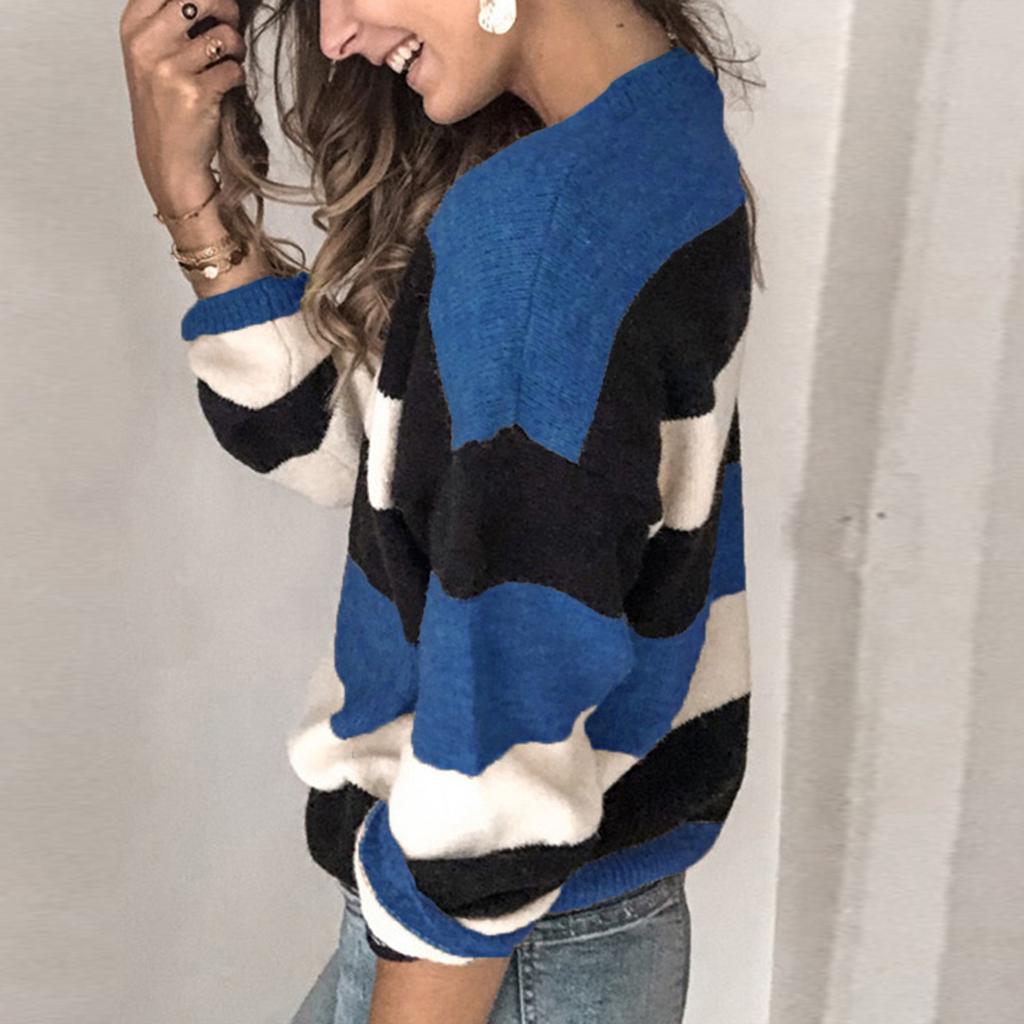 Fashion Women Long Sleeve Striped Print Casual Knitted Loose Sweater Top