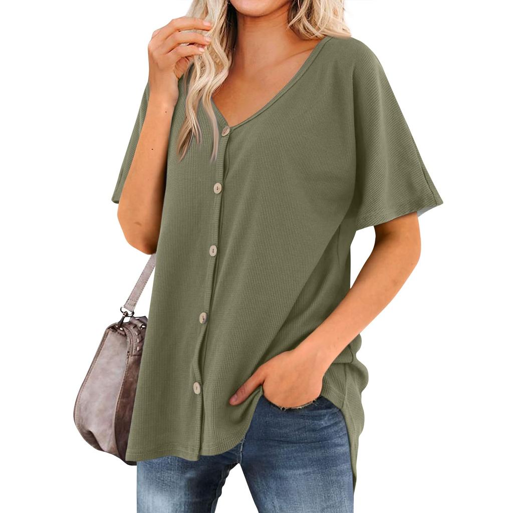 Women's T Shirt Tee Solid Color Women's Shirts V Neck Short Sleeve Button Up Tunic Tops Blouse