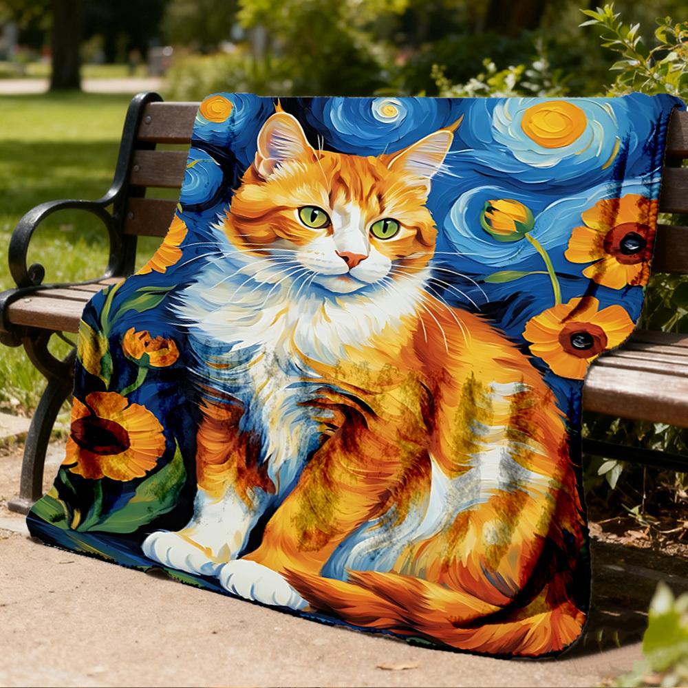 1pc Ginger Cat Art Print Print Outdoor Blanket, Lightweight Polyester,