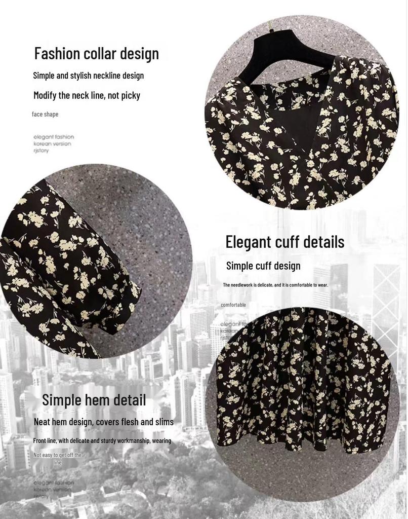 Женское платье 2024 года с V-образным вырезом, цветочным ретро-принтом, в французском стиле, для чаепития - Коллекция Осень/Зима