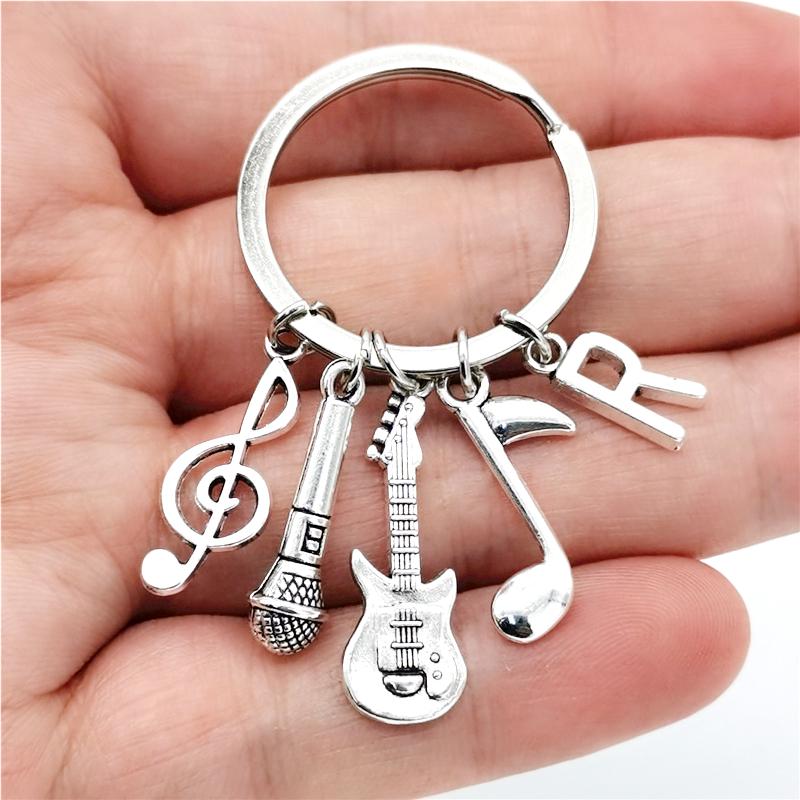 26 Letters Music Keychain Music Note Guitar Pendant Key Chain Microphone Keyring Creative Jewelry Gifts