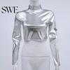 Stretchy Fabric Women Top Club Glossy Faux Leather Half-high Collar Solid Color Waist-exposed Long Slim Fit Sleeve Skinny Pullover Elastic Nightclub