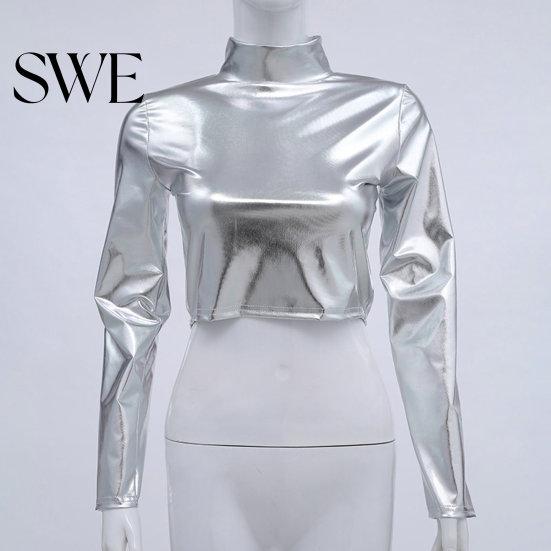 Stretchy Fabric Women Top Club Glossy Faux Leather Half-high Collar Solid Color Waist-exposed Long Slim Fit Sleeve Skinny Pullover Elastic Nightclub