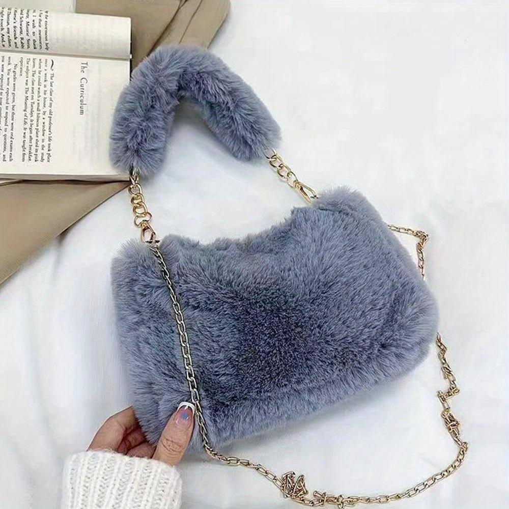Women Fluffy Shoulder Bags Female Winter Chain Underarm Bag Solid Color Handbag Soft Plush Handle Bag