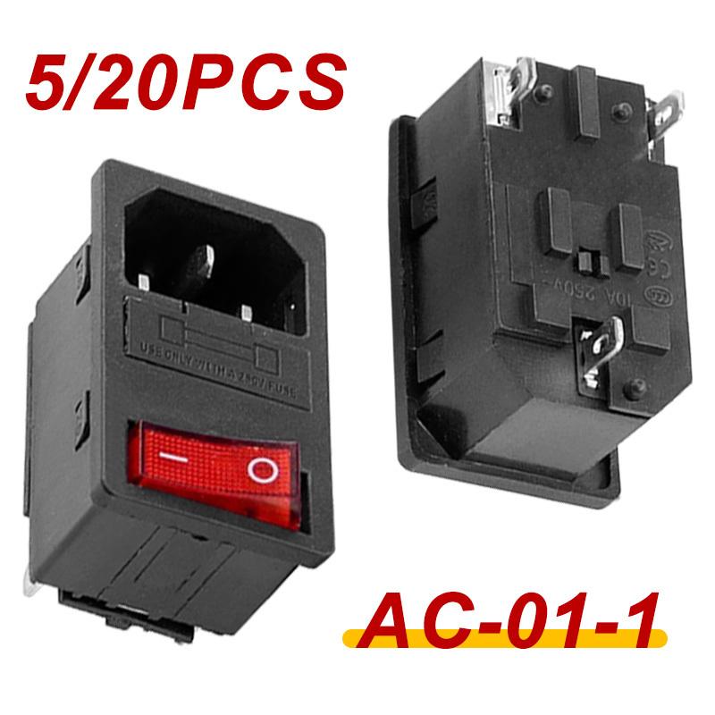5Pcs 250V AC Socket Red LED 10A Fuse Electrical Rocker Switch Male Plug Female Socket Connector