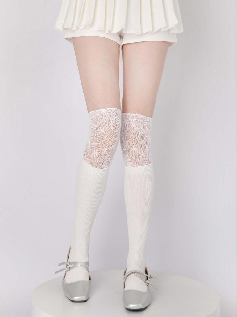 Lolita Lace Frill Mid-Calf Socks with Bow Ribbon - White Ballet Style JK Knee-Highs for Spring & Autumn