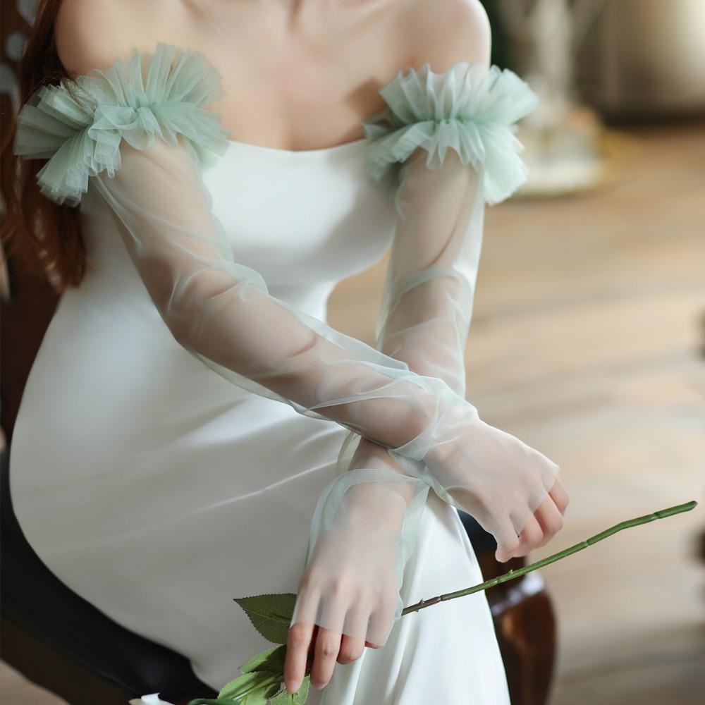 Korean Style Wedding Long Sleeves Solid Color Pleated Lace Arm Covers Bridal Arm Sleeves Female