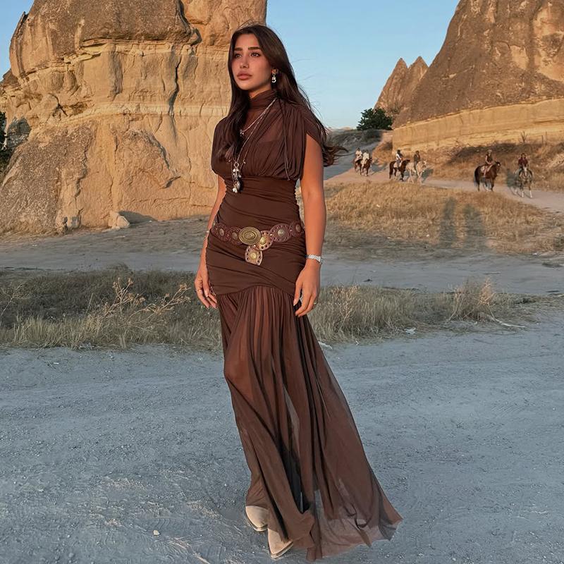 Черное сетчатое макси-платье для женщин, сексуальное платье без рукавов, прозрачное плиссированное платье для вечеринки, женская мода, облегающее длинное платье 2025