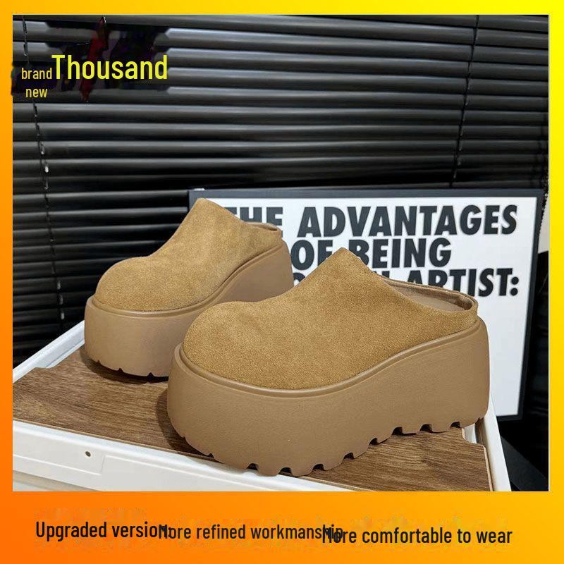 Женские ретро-тапочки из мягкой кожи на платформе с мехом — закрытый носок, толстая подошва, увеличивают рост, универсальные для отдыха на природе