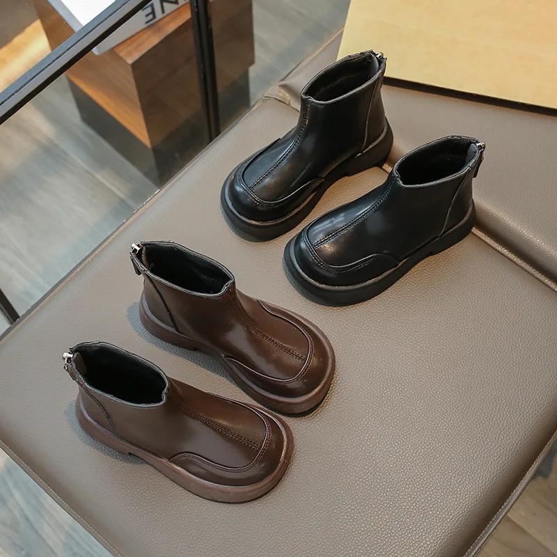 New Children Platform Ankle Boots Solid Color Causal Girls Spring Autumn Leather Boots Fashion Versatile Kids Black Short Boots