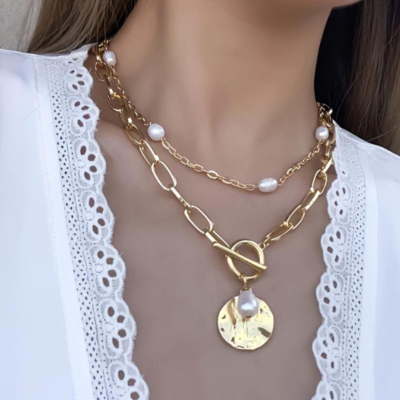 Массивное золотистое цинковое сплавное колье с искусственным жемчугом и круглым кулоном, для женщин от 14 лет