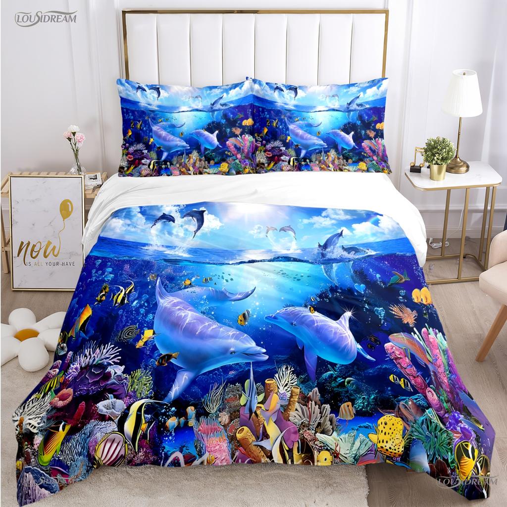 3D Ocean World Dolphin Whale Fish Duvet Cover Comforter Beding Set Soft Quilt Cover and Pillowcase for Single/Double/Queen/King