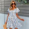 Summer Casual Floral Print Women Dress Short V Neck High Waist Butterfly Sleeve Sizes S XL