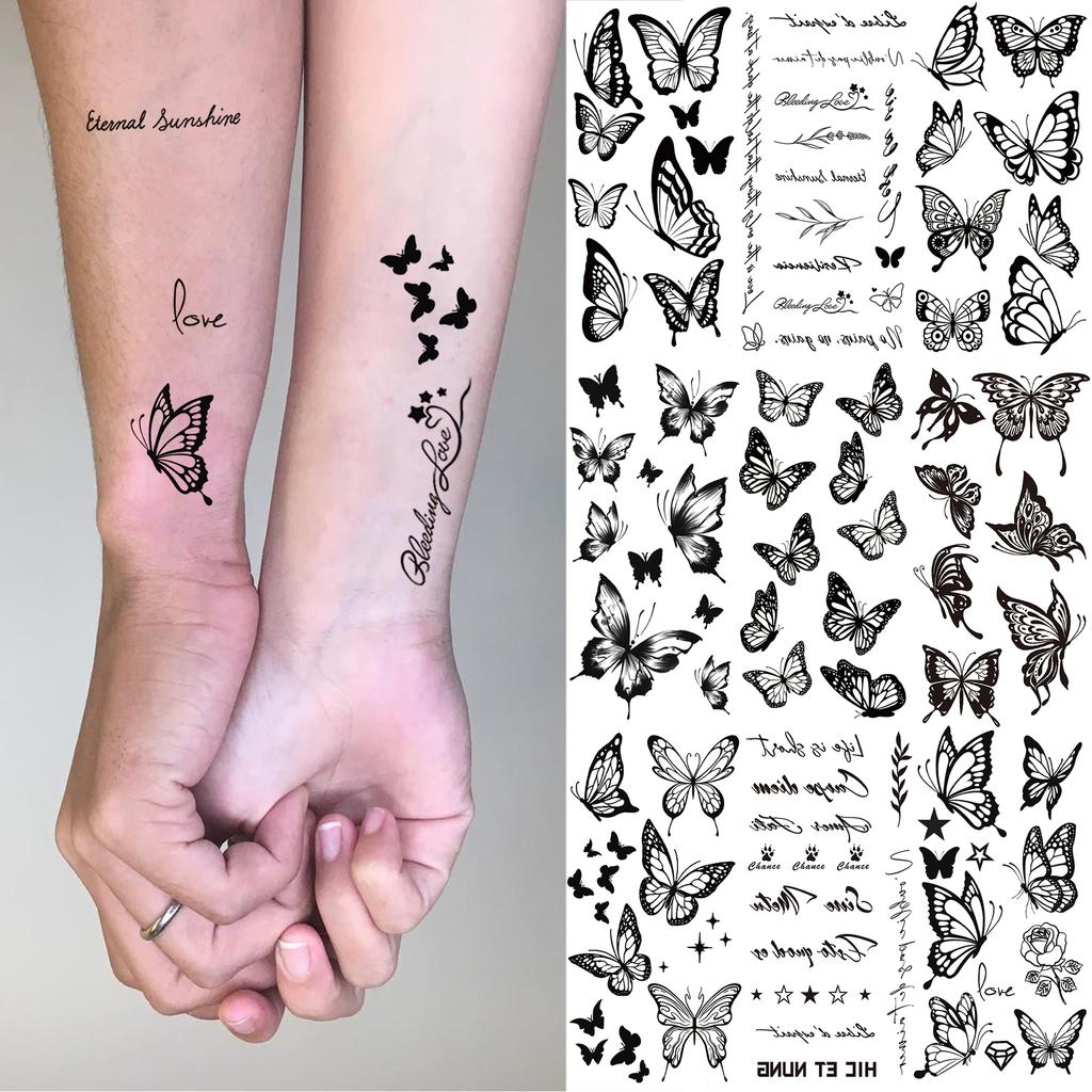 1 Sheet Black Butterfly Temporary Tattoos For Women Adults Fake Water Transfer Letter Tattoo Sticker Neck Hands