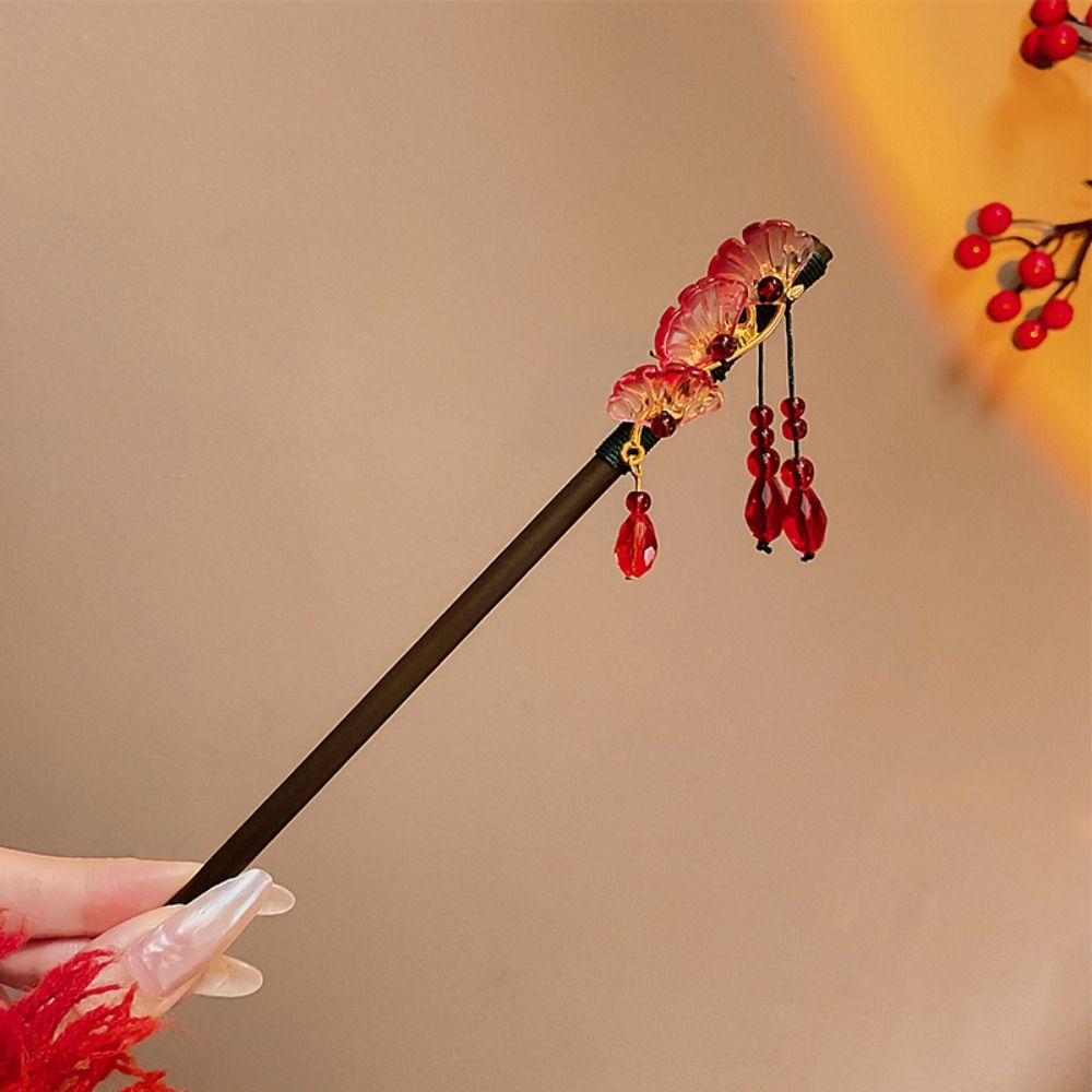 Flower Wooden Hair Stick Tassel Hanfu Hairpin Classical Cheongsam Accessories