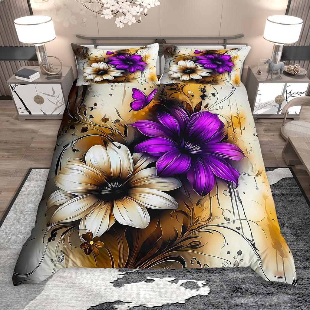 Homewish Vintage Floral Duvet Cover Set for Girls 2pcs/3pcs, Retro Tropical Flower Bedding, Oil Painting Blossoms Bed Set