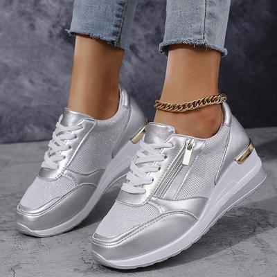 Lucyever Fashion Silver Wedge Sneakers Shoes Women 2025 Lace Up Platform Vulcanized Shoes Woman Cozy Thick Bottom Sport Sneakers