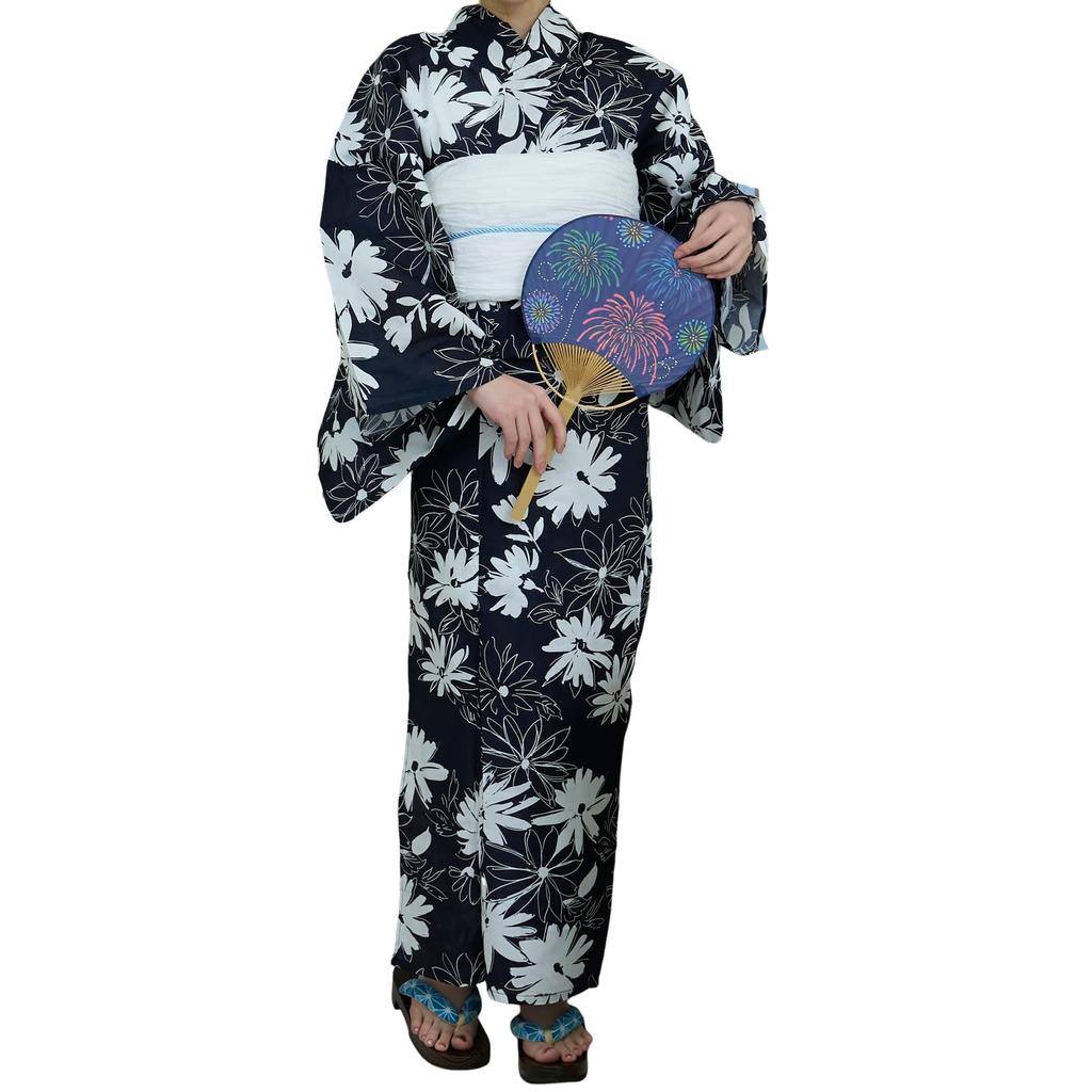RAVIR Yukata Navy Blue with a Lovely White Daisy Blooming Japanese Fluffy Obi and Geta Free Size Women's 3-Piece Set, Design, Kimono, Belt, Sandals,