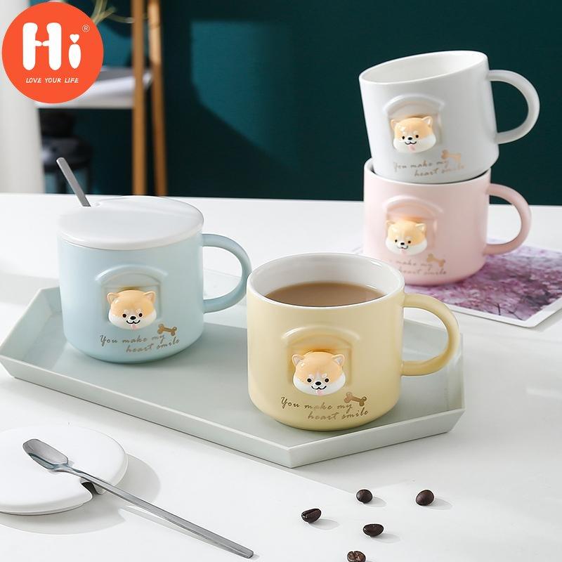 Hi 3D Ceramic Shiba Inu Akita Dog Coffee Mug Fancy Cartoon Animal Tea Cup With Lid And Spoon For Dog Lovers Milk Hot Water Mug
