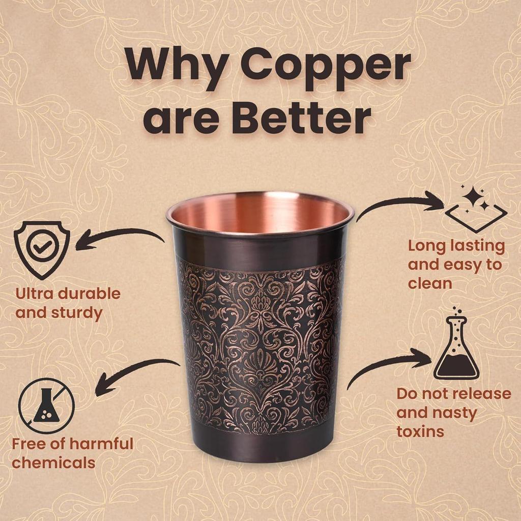 India Decorative India Premium Copper Water Glass With Carving Design And Black Antique Royal Glossy