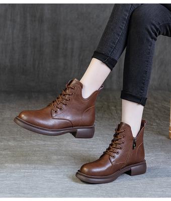 Новые туфли из натуральной кожи, женские ботильоны Новые ботинки зимы 2024 Женские полусапожки с круглым носком Большие женские туфли Толстые подошвы