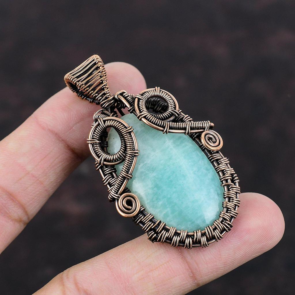 Амазонитовый кулон, медная проволока, кулон, кулон с драгоценным камнем, модные украшения, кулон ручной работы, медный ювелирный подарок для нее, элегантный кулон